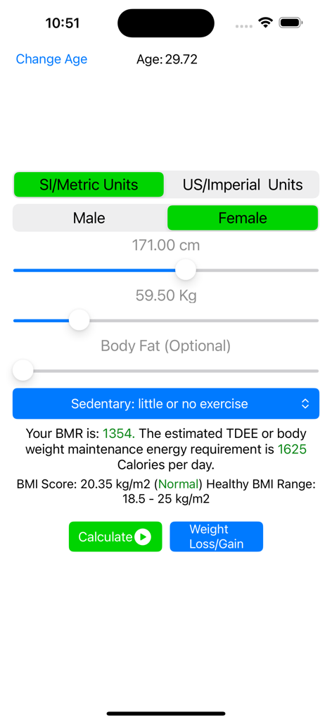 Interface of a fitness calculator app showing BMR, TDEE, and BMI results for a 29 year old user