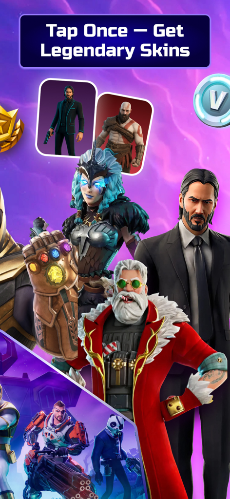 FTN Zone Fortnite Royale Stats - Capture d'écran de l'application FTN Zone montrant des skins légendaires Fortnite, y compris John Wick et Kratos