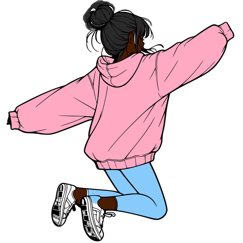 realistic girl jumping with a bun and oversized sweatshirt