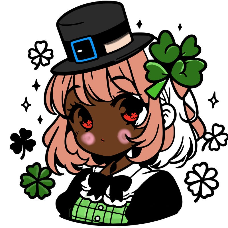 a manga-style girl with clovers around her, a little hat in her hair, like it's saint patrick's day