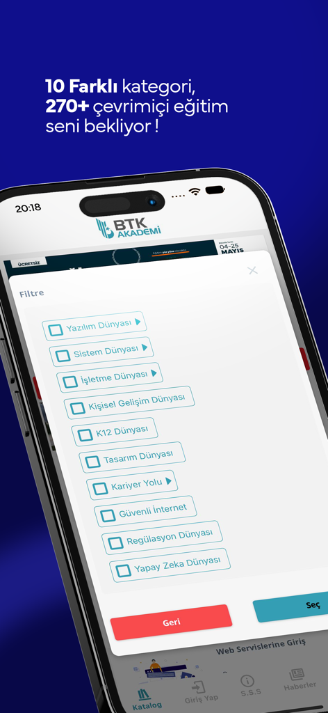 BTK Akademi - A smartphone screen displaying the BTK Akademi app with a filter menu for various online course categories like software AI and cybersecurity