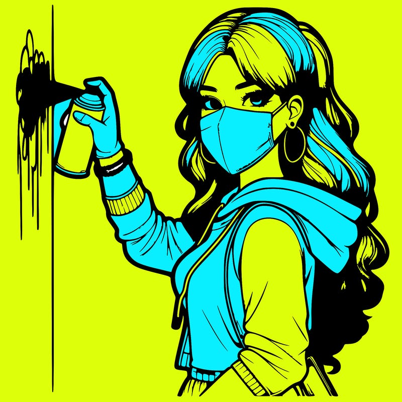 realistic girl with mask spray painting a wall