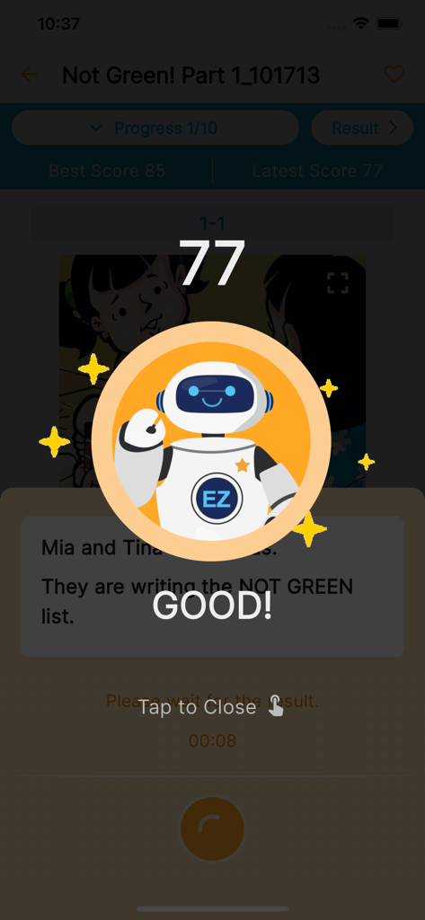 EZTalking AI English Learning - Bildschirm der EZTalking KI App, der eine englische Aussprachebewertung von 77 und positives Feedback anzeigt