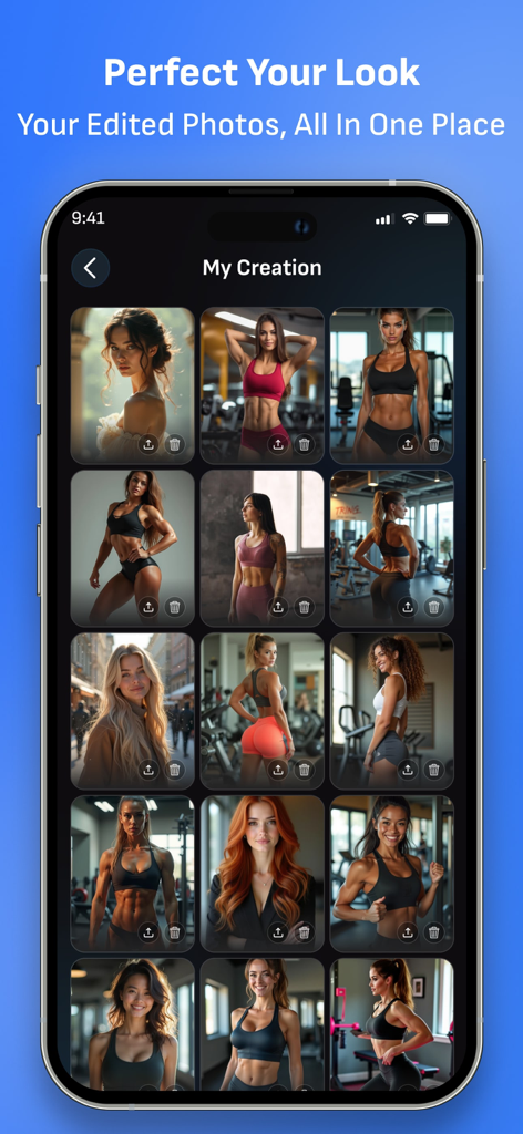 AI Body Shape Video Editor - Mobile app screen showing a gallery of edited fitness photos in the My Creation section.