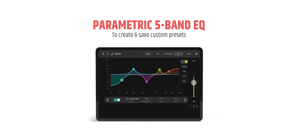 MAUI MIX - MAUI MIX app interface showing the parametric 5 band EQ settings for professional audio mixing