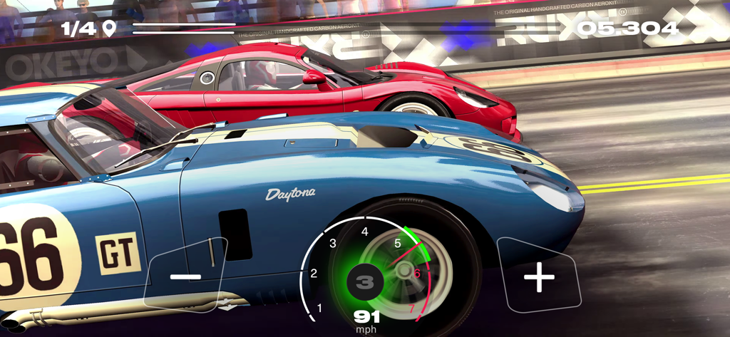 Nitro Nation World Tour - Close up of a blue Shelby Daytona and a red supercar competing in a drag race