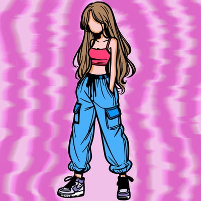 girl in baggy pants crop top and long hair