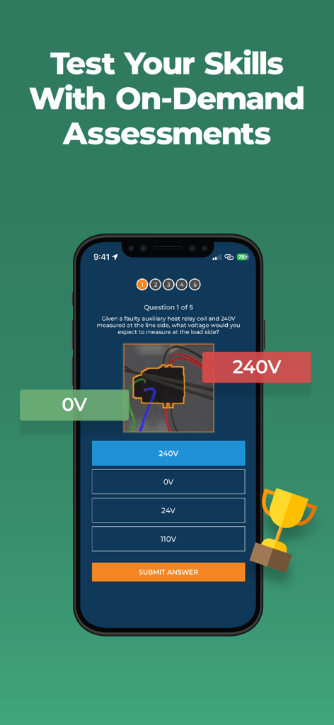 Die Benutzeroberfläche der mobilen Interplay Learning App zeigt eine On-Demand-Fähigkeitsbewertungs-Quiz für Handwerker
