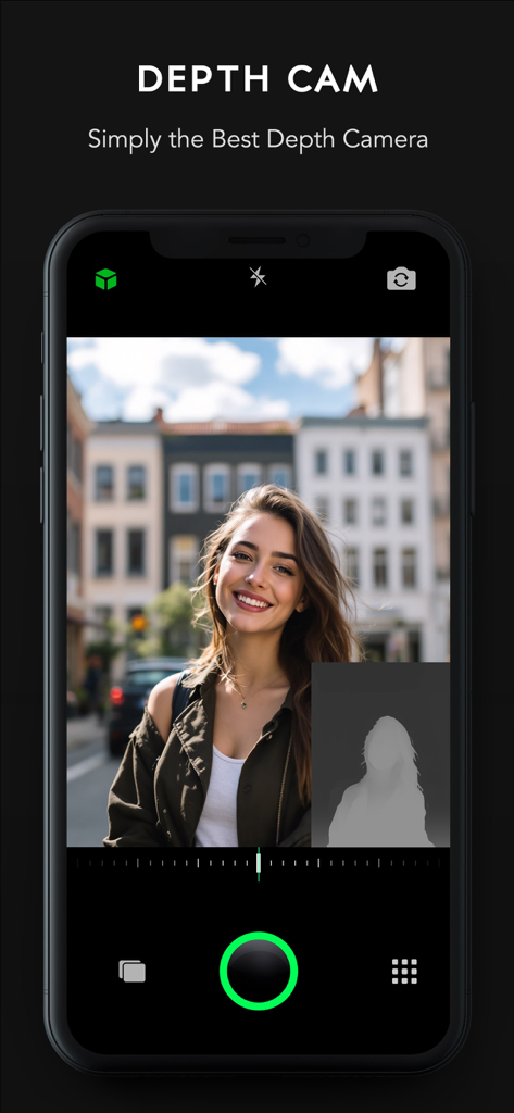 Depth Cam - Depth Editor - Depth Cam app showing a portrait photo with a grayscale depth map visualization.