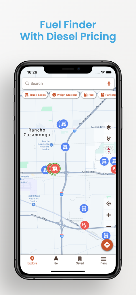 Hammer Truck GPS app showing fuel finder with diesel pricing and truck stop locations on a map.