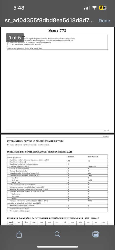 ScoreRise app interface showing a detailed Romanian credit score report with a score of 775.