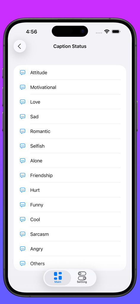 Eine Liste von Kategorien für Social-Media-Bildunterschriften, einschließlich motivierender Liebe und Freundschaft in der Dual Messenger App-Oberfläche