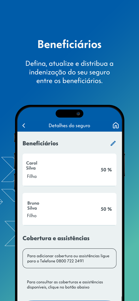 Uma interface móvel para o aplicativo Caixa Vida e Previdencia mostrando uma lista de beneficiários de seguro e sua distribuição percentual