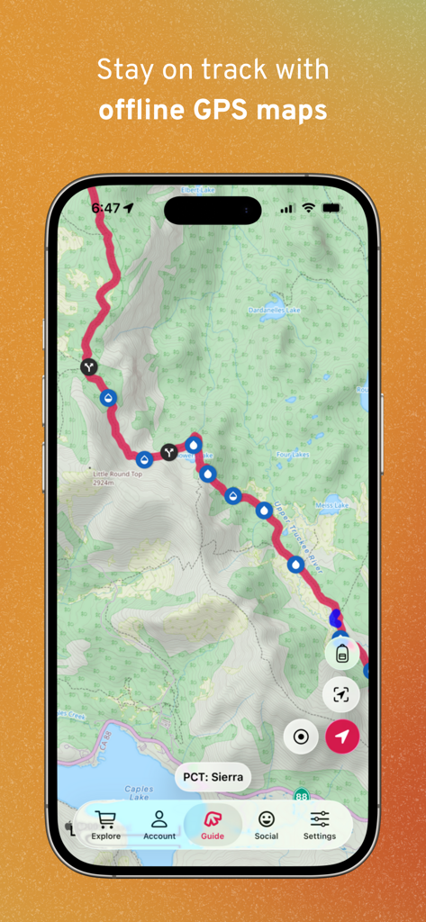 FarOut app displaying an offline topographic trail map of the PCT Sierra with waypoints for water and junctions