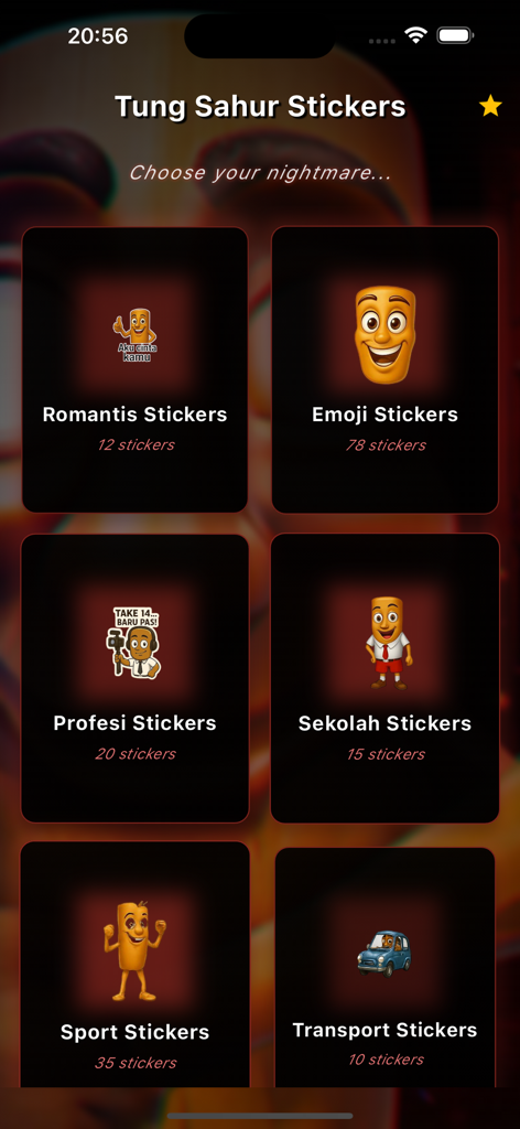 Hantu Tung Tung Tung Sahur - Un menú de aplicación móvil que muestra diferentes paquetes de stickers para Hantu Tung Tung Sahur, incluyendo las categorías Emoji Sport y Sekolah.