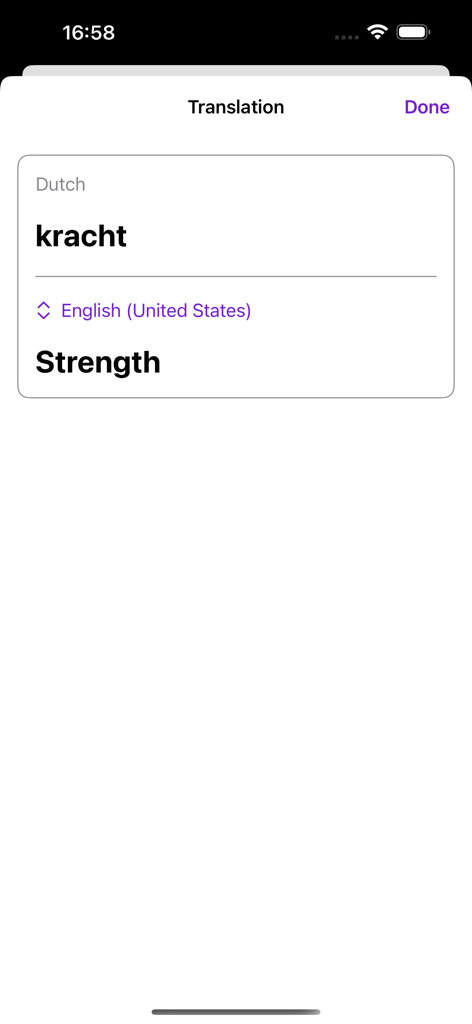 Capture d'écran de l'application De Het montrant la traduction du mot néerlandais kracht en anglais par le mot strength.