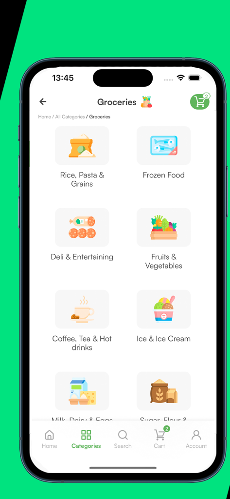 Capture d'écran de l'interface de l'application mobile OneCart affichant diverses catégories d'épicerie comme les fruits, les légumes et les aliments surgelés avec des icônes colorées.