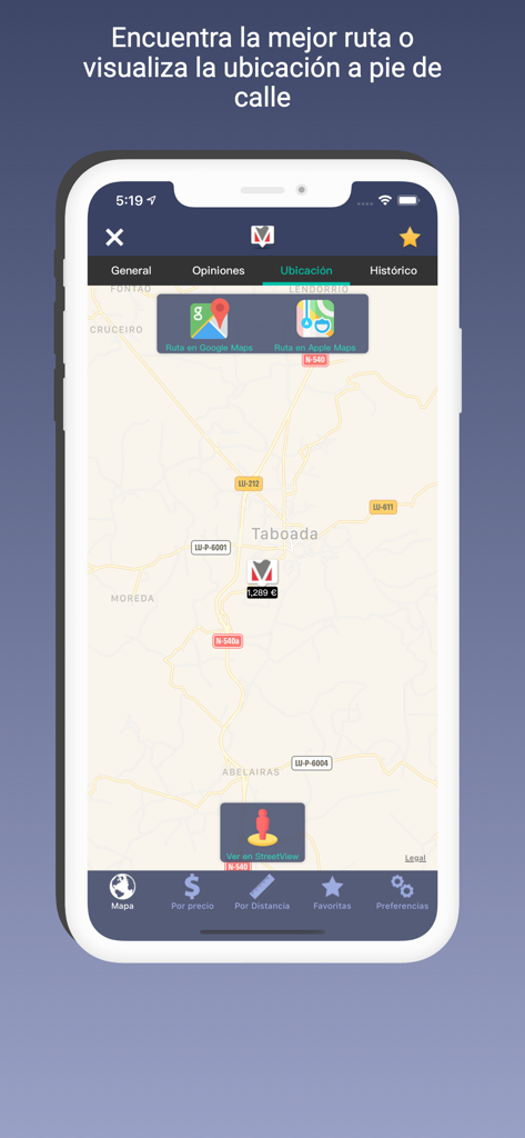 Map view of the Gasolineras Espana app showing gas station location and navigation options