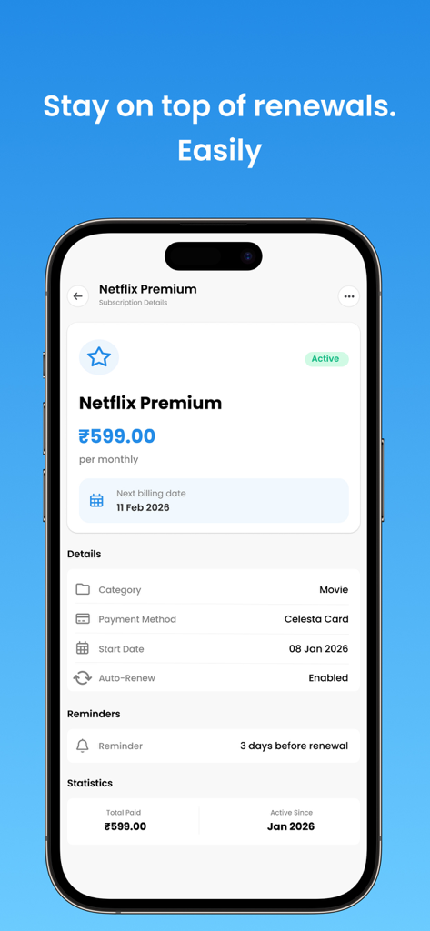 Nexpenz: Smart Money Manager - Pantalla móvil que muestra la gestión de suscripciones de Netflix y alertas de renovación en Nexpenz.