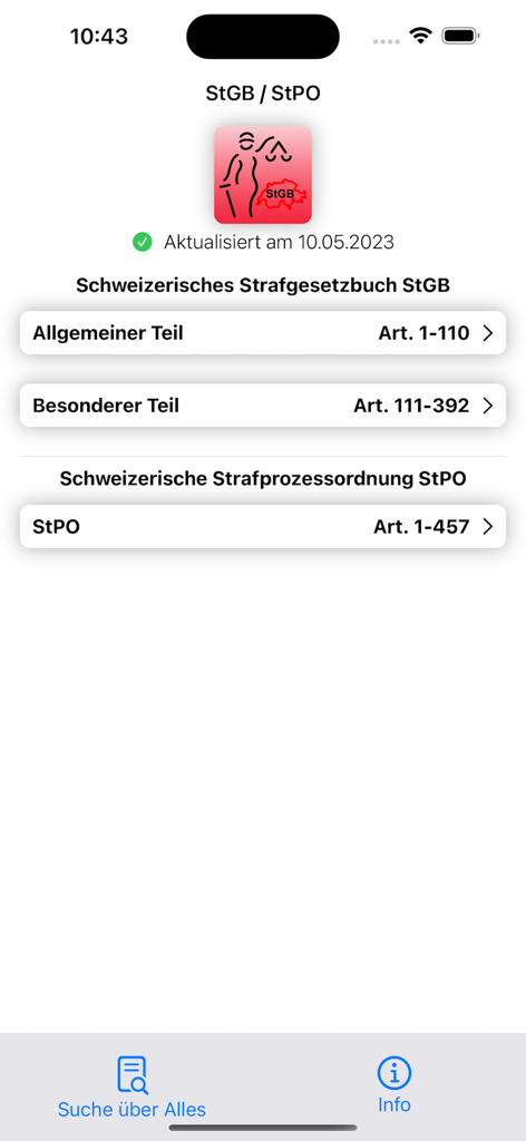 StGB / StPO - Main menu of the StGB StPO app showing sections of the Swiss Criminal Code and Criminal Procedure