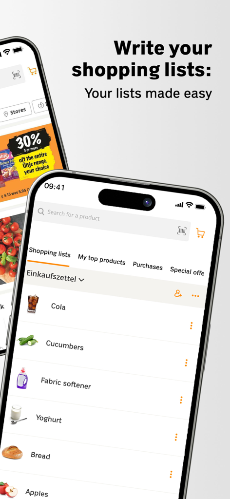 App-Bildschirm des Coop Supermarkts, der eine digitale Einkaufsliste mit verschiedenen Lebensmitteln zeigt