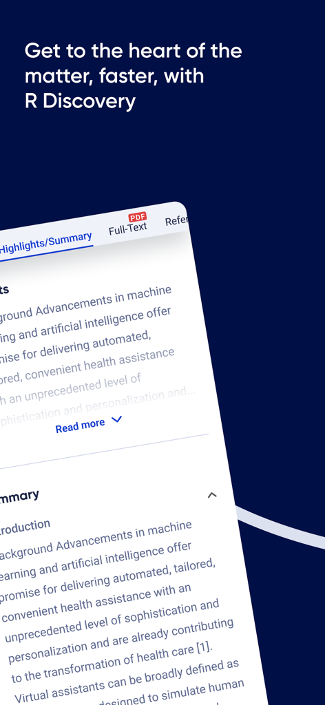 R Discovery: Academic Research - R Discovery app interface showing a research paper summary and highlights tab.