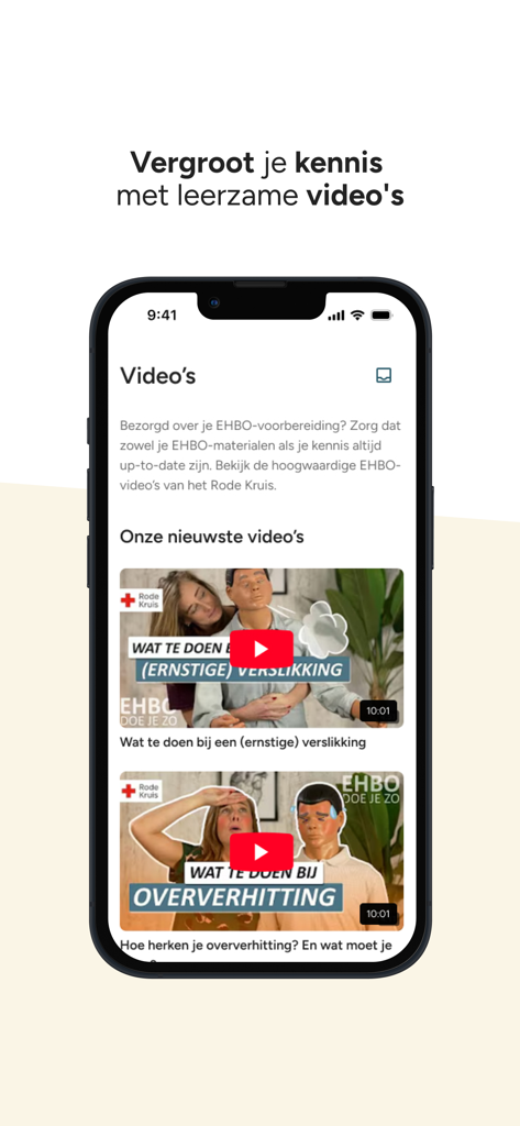 EHBO-app - Rode Kruis - Interface of the Red Cross first aid app showing instructional videos for emergency situations like choking and overheating.