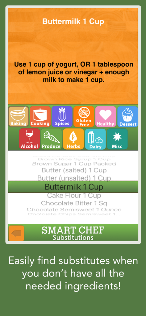 Smart Chef - Cooking Helper - Uma captura de tela do aplicativo Smart Chef exibindo opções de substituição de ingredientes para leitelho com várias categorias de alimentos abaixo.