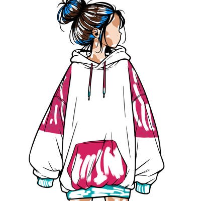 realistic girl with a oversized sweatshirt on and a bun