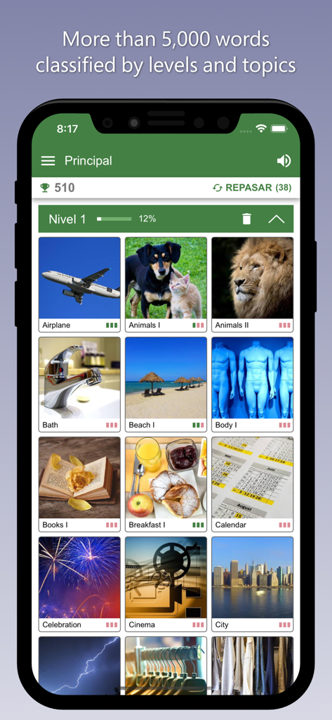 Learn English with Bilinguae - Interfaz de la aplicación Bilinguae mostrando categorías de vocabulario de inglés con imágenes descriptivas como animales y ciudad.