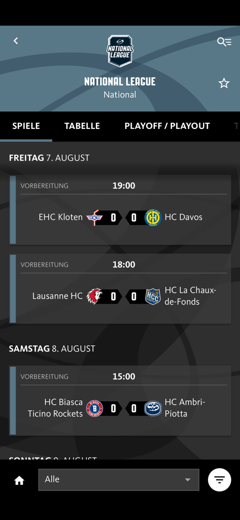 Swiss Ice Hockey - The Swiss Ice Hockey app displaying the National League match schedule with team names and game times.