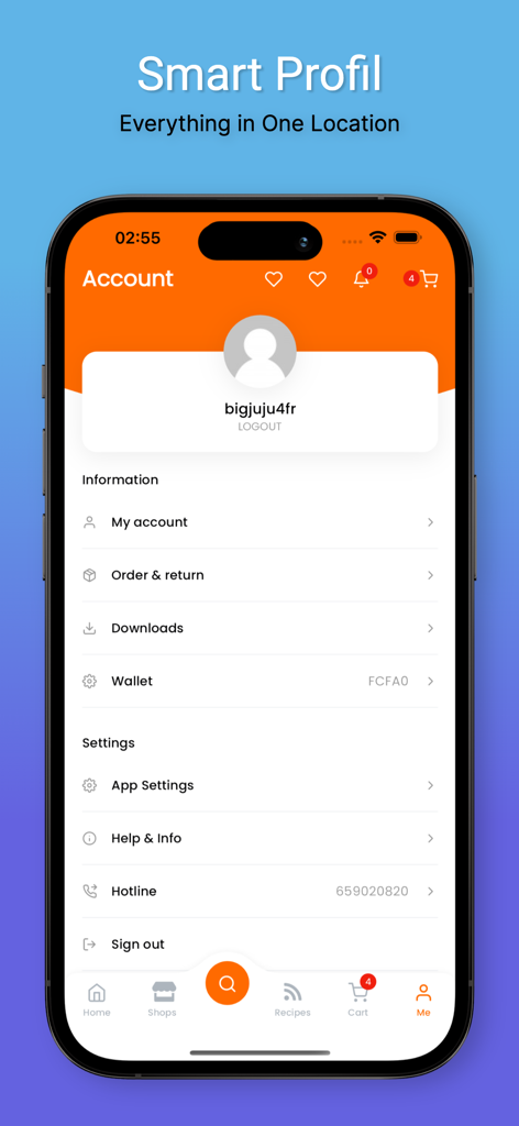 Afrosmartshop Cameroon - User account profile page on the Afrosmartshop Cameroon app showing settings and wallet