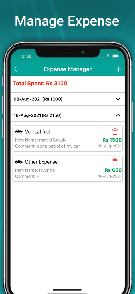 Vehicle Info - Vahan Master - Expense manager screen showing vehicle fuel and maintenance costs in Indian Rupees