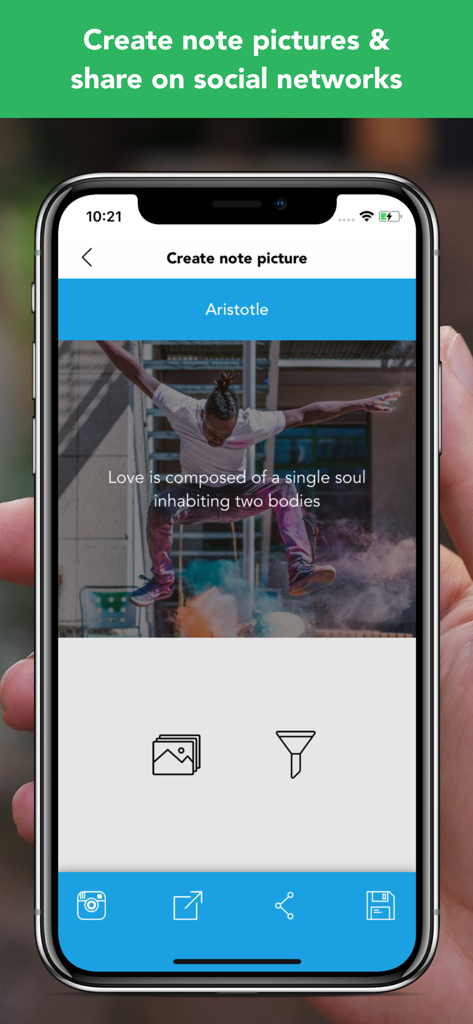 Interface do aplicativo Noteworthy demonstrando o recurso para transformar notas em imagens estilizadas com imagens de fundo e filtros para compartilhamento em redes sociais