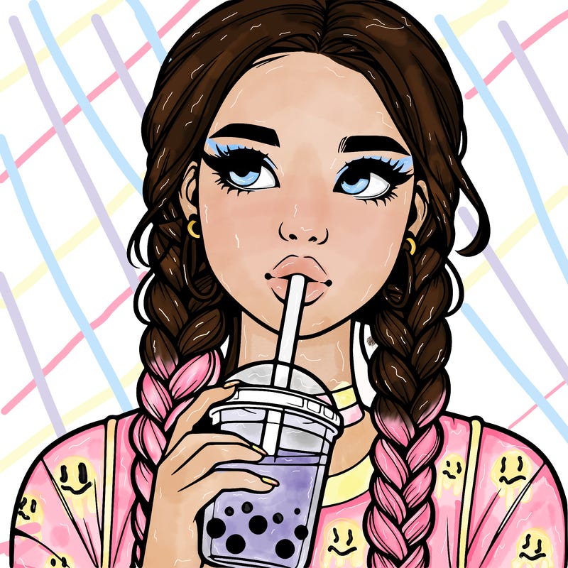 realistic girl with braided hair drinking boba