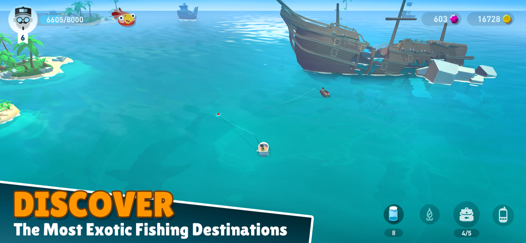 Un personaje pescando desde un pequeño bote cerca de un gran naufragio de madera en un océano tropical.