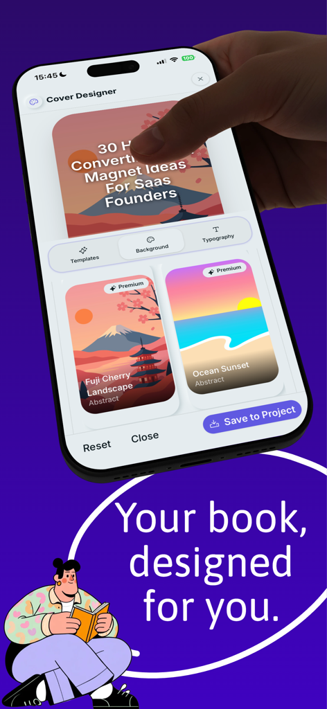 Inkfluence - eBook Maker - Smartphone screen showing the Inkfluence cover designer tool with various background templates for an ebook