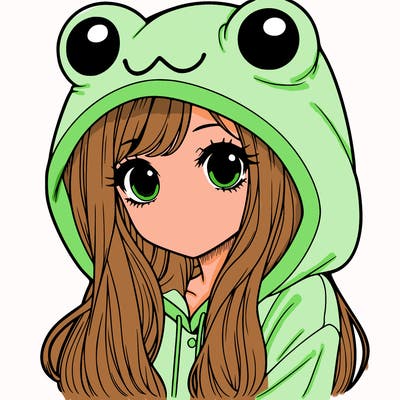 a pretty girl wearing a frog hoodie portrait with long hair