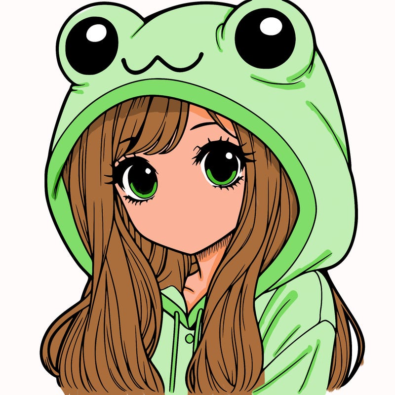 a pretty girl wearing a frog hoodie portrait with long hair