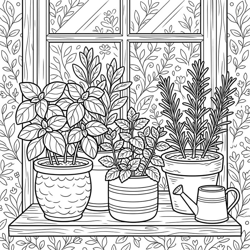 Discover tranquility with this delightful coloring page featuring a charming indoor herb garden, thoughtfully designed for seniors. Enjoy the simple pleasure of coloring basil, mint, and rosemary, fostering relaxation and creative expression.