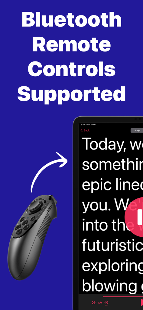 Teleprompter para Video Pro mostrando soporte de control remoto Bluetooth para desplazamiento de guiones inalámbrico en una tableta.