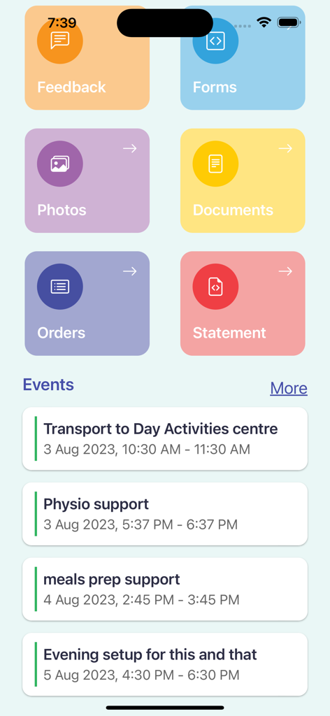 Dashboard of the Leecare P6MyCarePlan app displaying care categories like photos and documents alongside a daily event schedule
