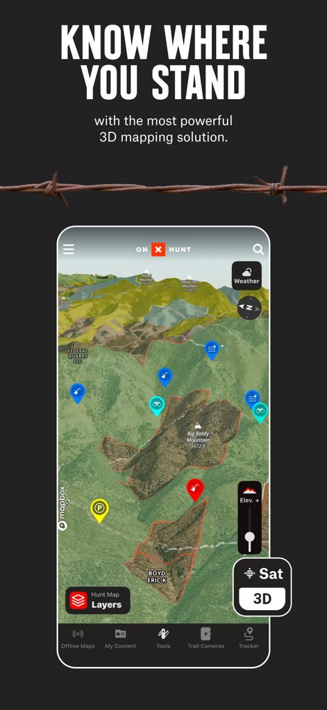 onX Hunt app interface showing a 3D satellite map with private land boundaries and custom waypoints for hunters.