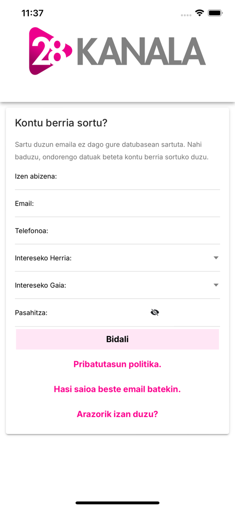 Account registration screen for the 28 Kanala news app in the Basque language