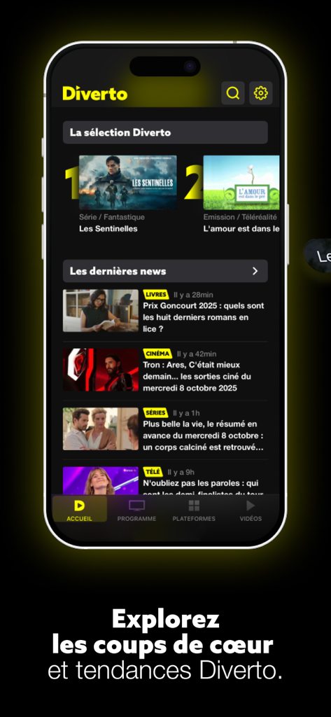 Diverto Programme TV Streaming - Écran d'accueil de l'application Diverto présentant des émissions de télévision organisées et un flux d'actualités sur un iPhone