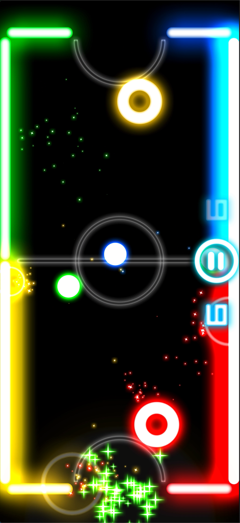 Jugabilidad de Glow Hockey 2 con una mesa de air hockey de neón con múltiples discos brillantes y paletas coloridas