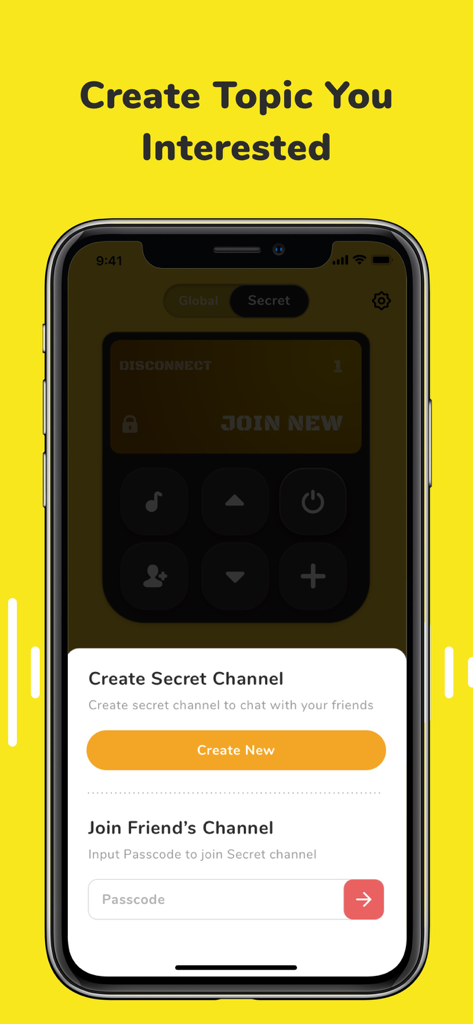 Interface of the Walkie Talkie app showing options to create a secret channel or join a friends channel using a passcode.