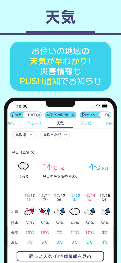 L'écran de prévisions météorologiques de l'application Nihonkai TV affichant les températures locales et un aperçu hebdomadaire pour la préfecture de Tottori.