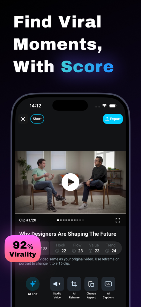 AI video clipping: MagicClip - Interfaz de la aplicación MagicClip que muestra una puntuación de viralidad del 92 por ciento y herramientas de edición de video con IA para creadores de redes sociales