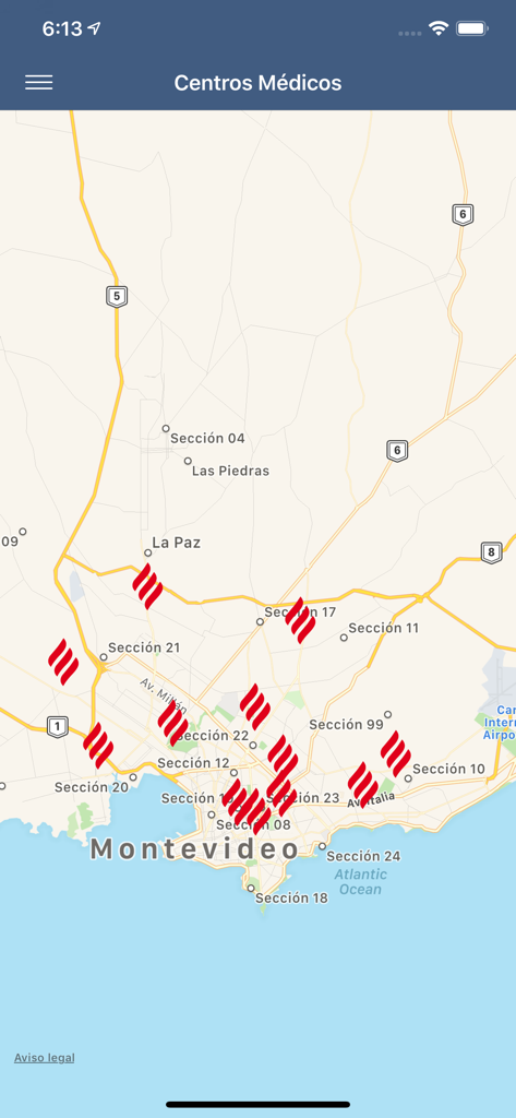 A map within the Casmu Cerca app showing locations of medical centers in Montevideo Uruguay
